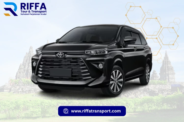 Armada Toyota All New Avanza FWD warna hitam terbaru, layanan sewa mobil Jogja RIFFA Tour & Transport background candi.