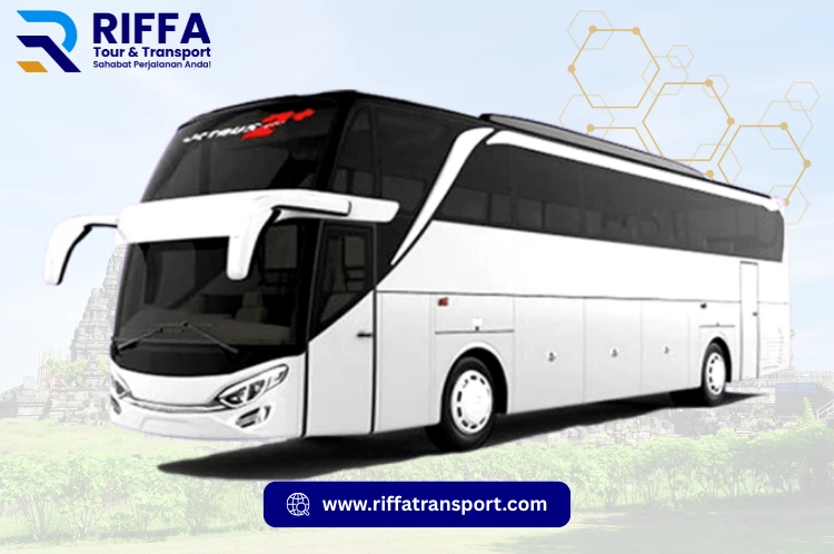 Big Bus Pariwisata SHD warna putih mewah, armada bus pariwisata Jogja RIFFA Tour & Transport background Candi.
