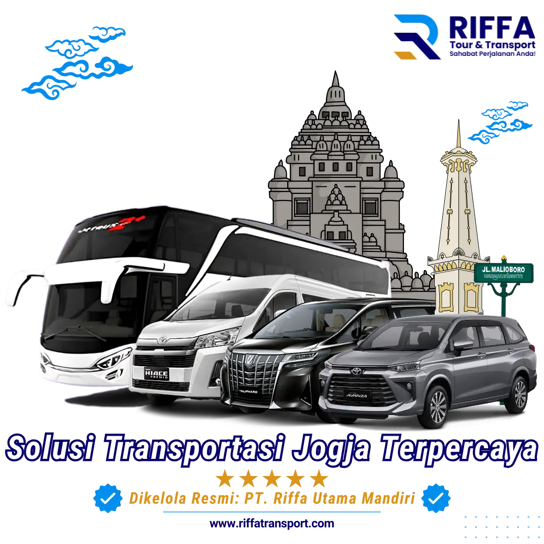 Layanan sewa mobil Jogja terpercaya RIFFA Tour & Transport dikelola PT Riffa Utama Mandiri. Pilihan armada lengkap mulai dari Bus Pariwisata, Hiace Premio, Alphard, hingga Avanza dengan latar ikonik Tugu Jogja dan Candi Prambanan.